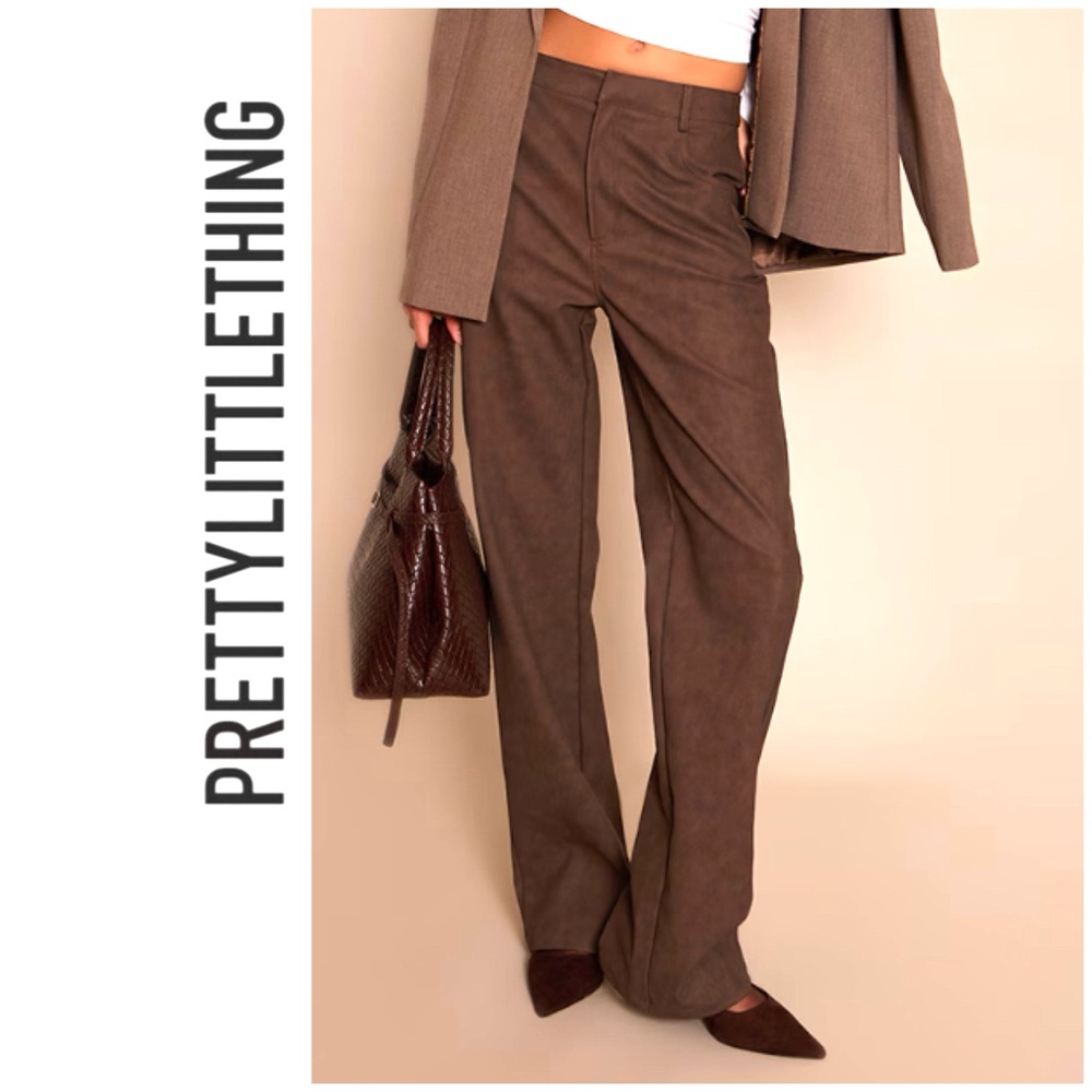 NWT Pretty Little Thing Faux Leather Straight Leg Pants Brown 10